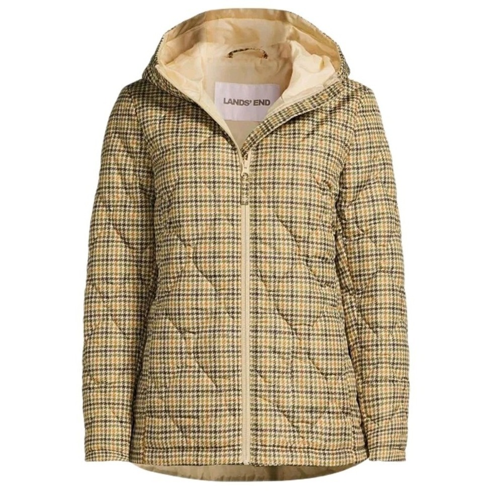 Lands‎ End Jacket XL Plaid Quilted Hooded Puffer Preppy Equestrian Barn Coat